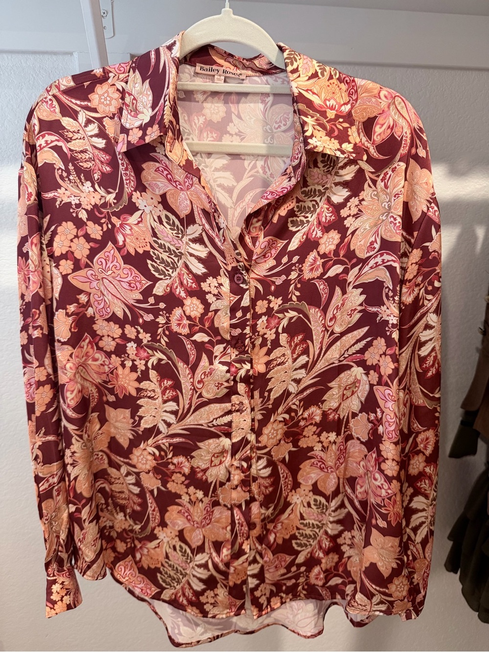 Bailey 44 Women's Floral Button-Front Blouse in Burgundy and Pink
